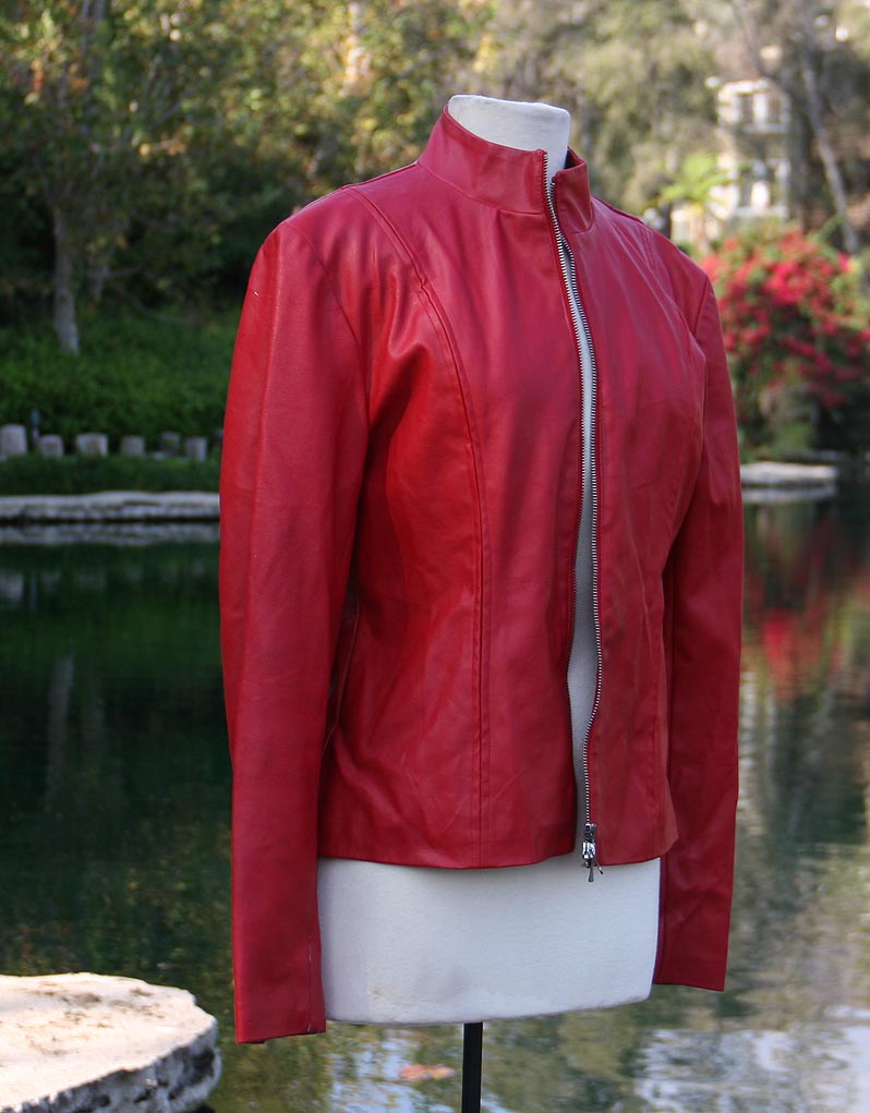 Classic American Red Leather Jacket Front Zipper