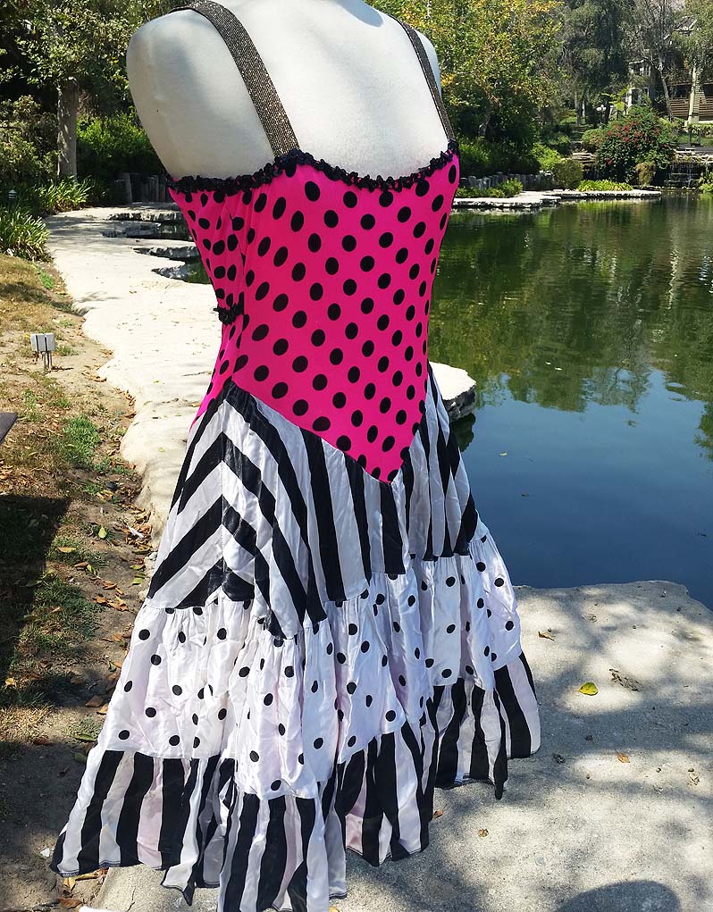 Pot A Dots and Strips Pink And Black And White Dress 