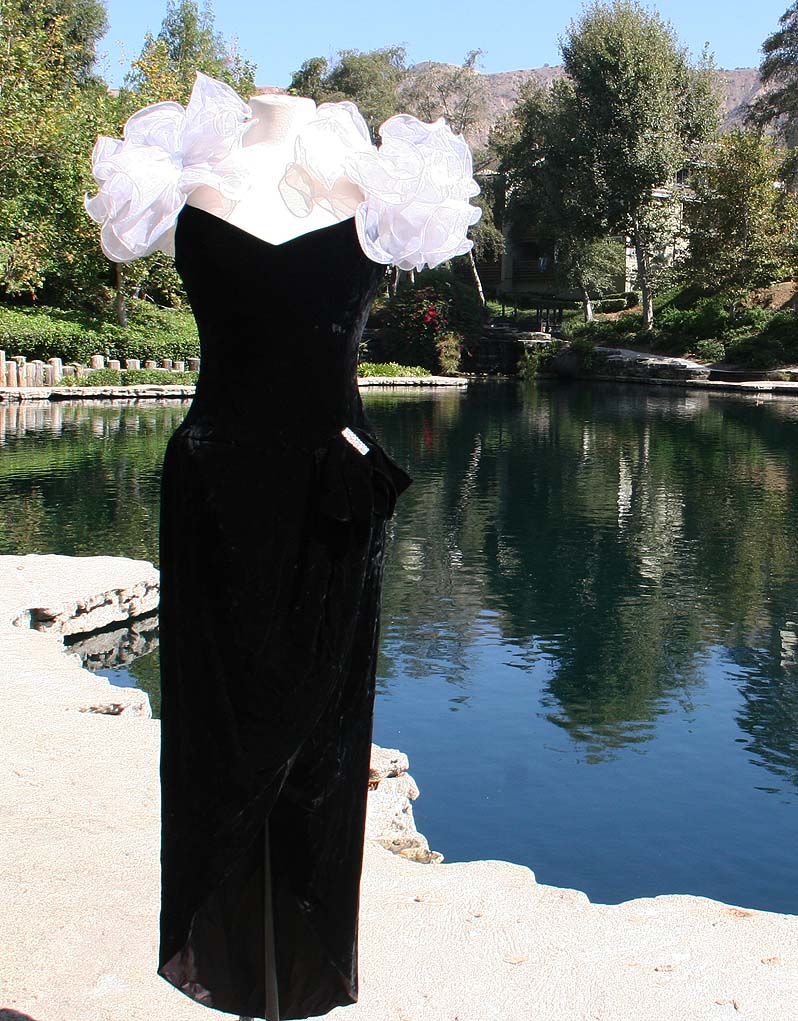Black Velvet Ruffle White Shoulder Long Dress