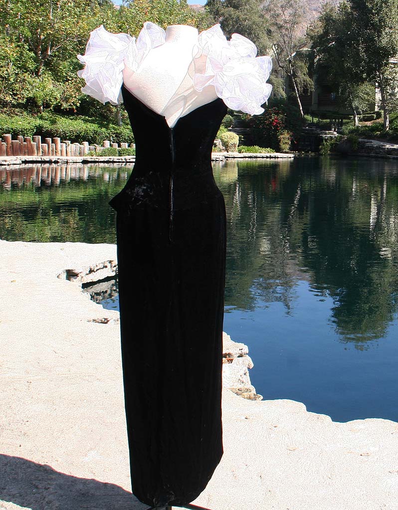 Black Velvet Ruffle White Shoulder Long Dress