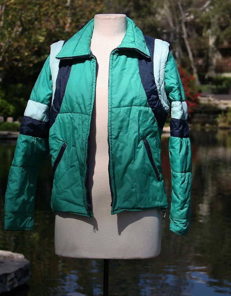 Green Blue Ski Jacket With Hood And Removable Sleeves
