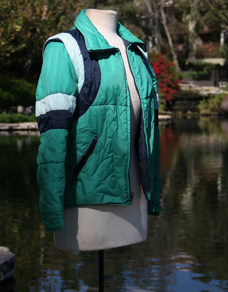 Green Blue Ski Jacket With Hood And Removable Sleeves