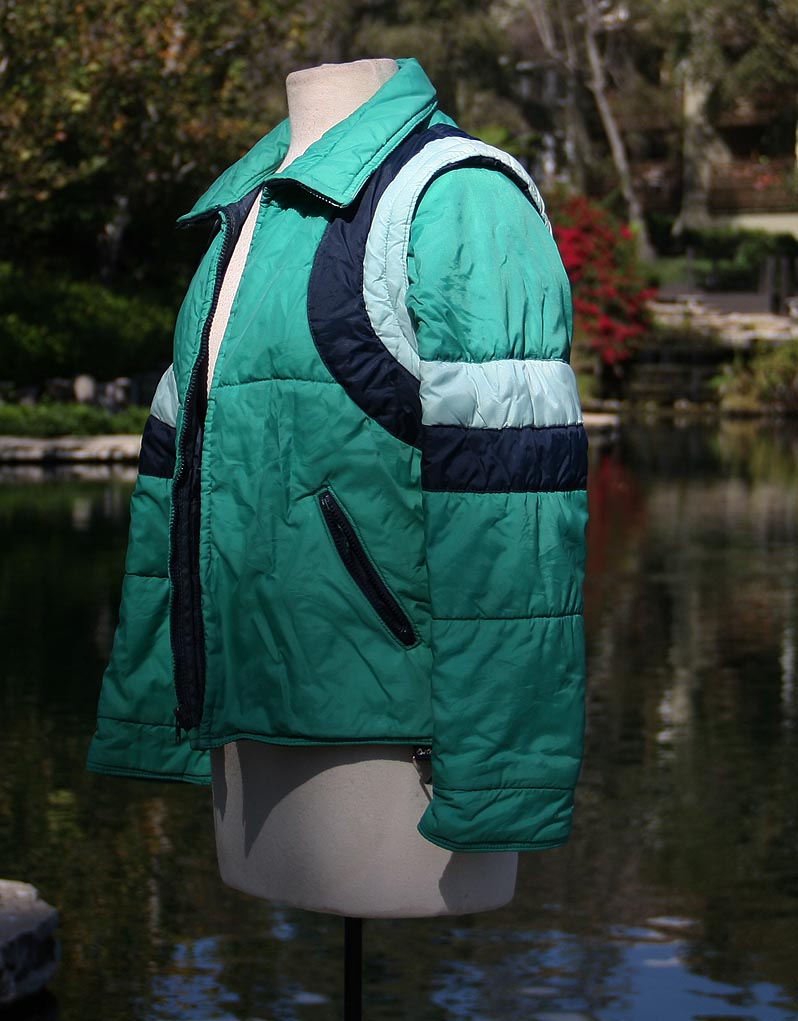 Green Blue Ski Jacket With Hood And Removable Sleeves