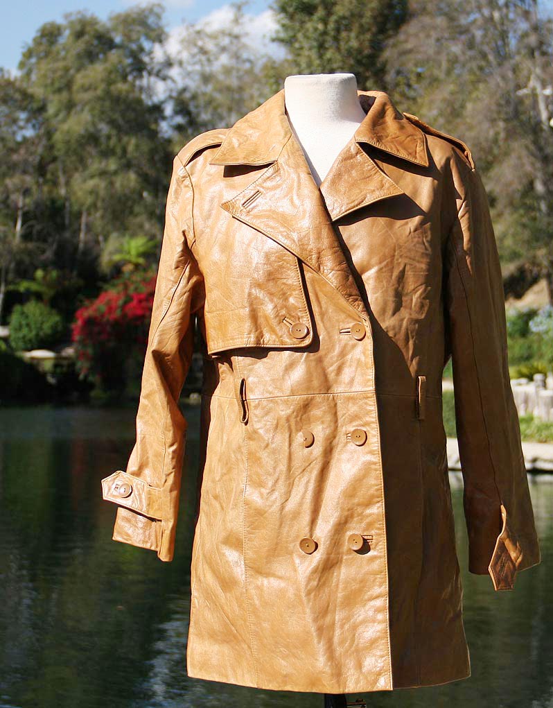 Tan Leather Double Breated Quarter Length Collared Coat