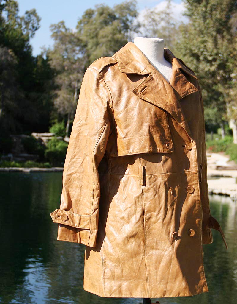Tan Leather Double Breated Quarter Length Collared Coat