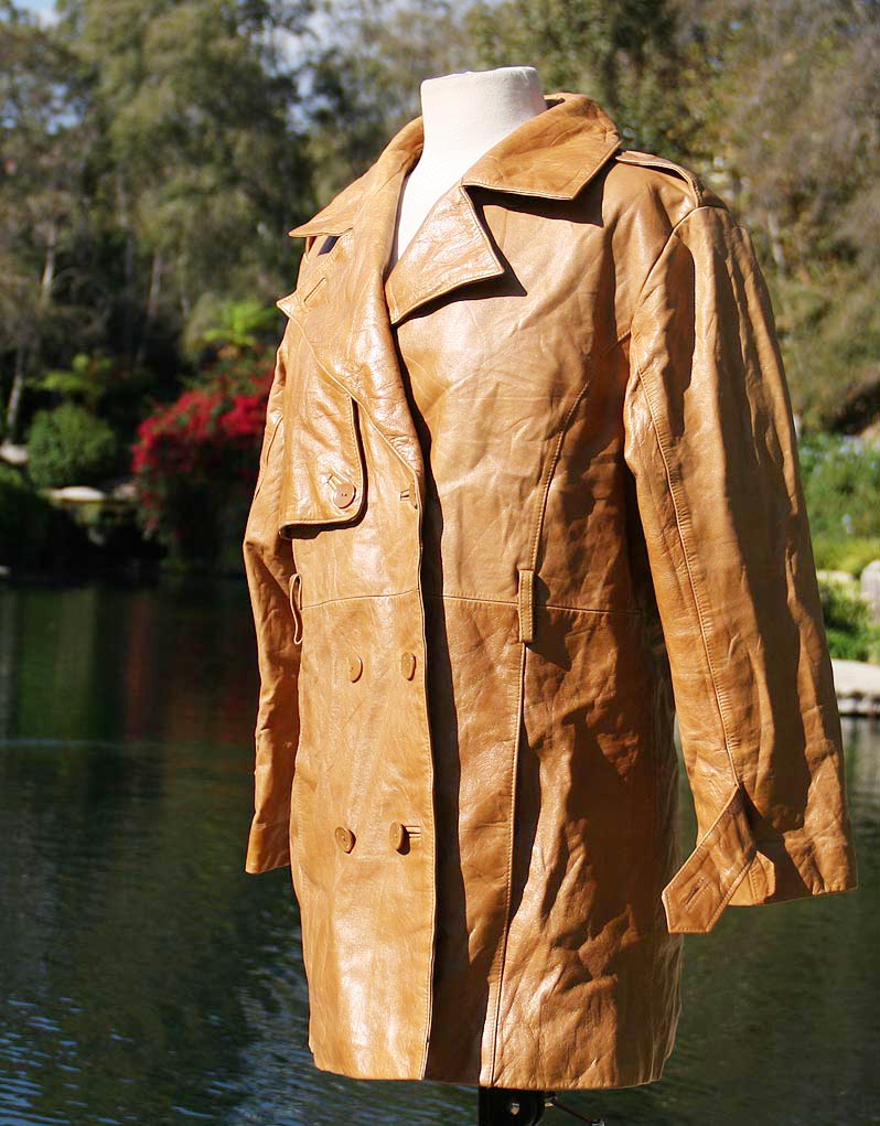 Tan Leather Double Breated Quarter Length Collared Coat