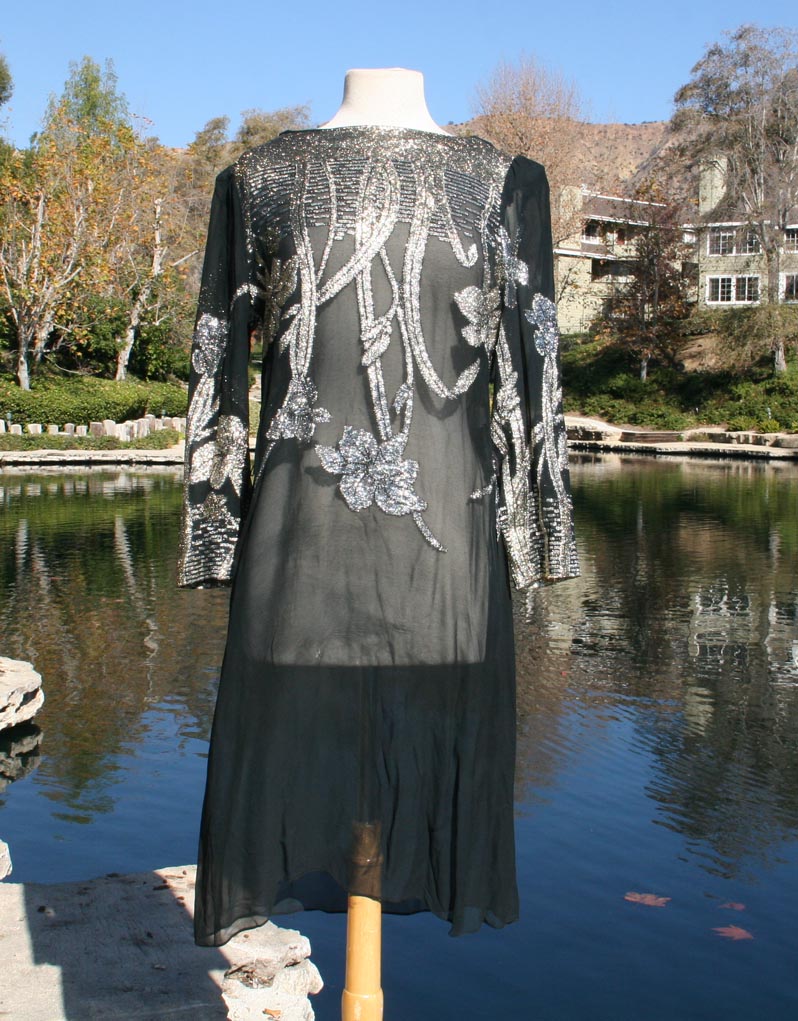 Black Sheer Silver Flower Design Dress