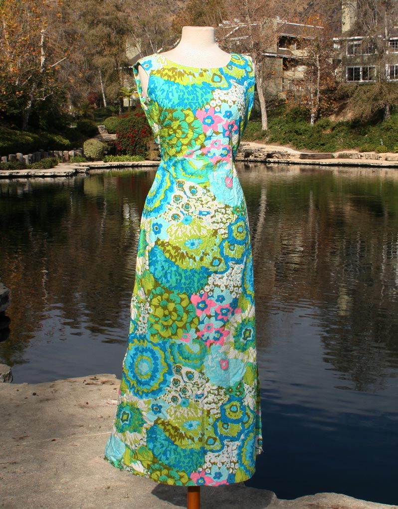 Green Blue Pink Flower Pattern Sleeveless Dress