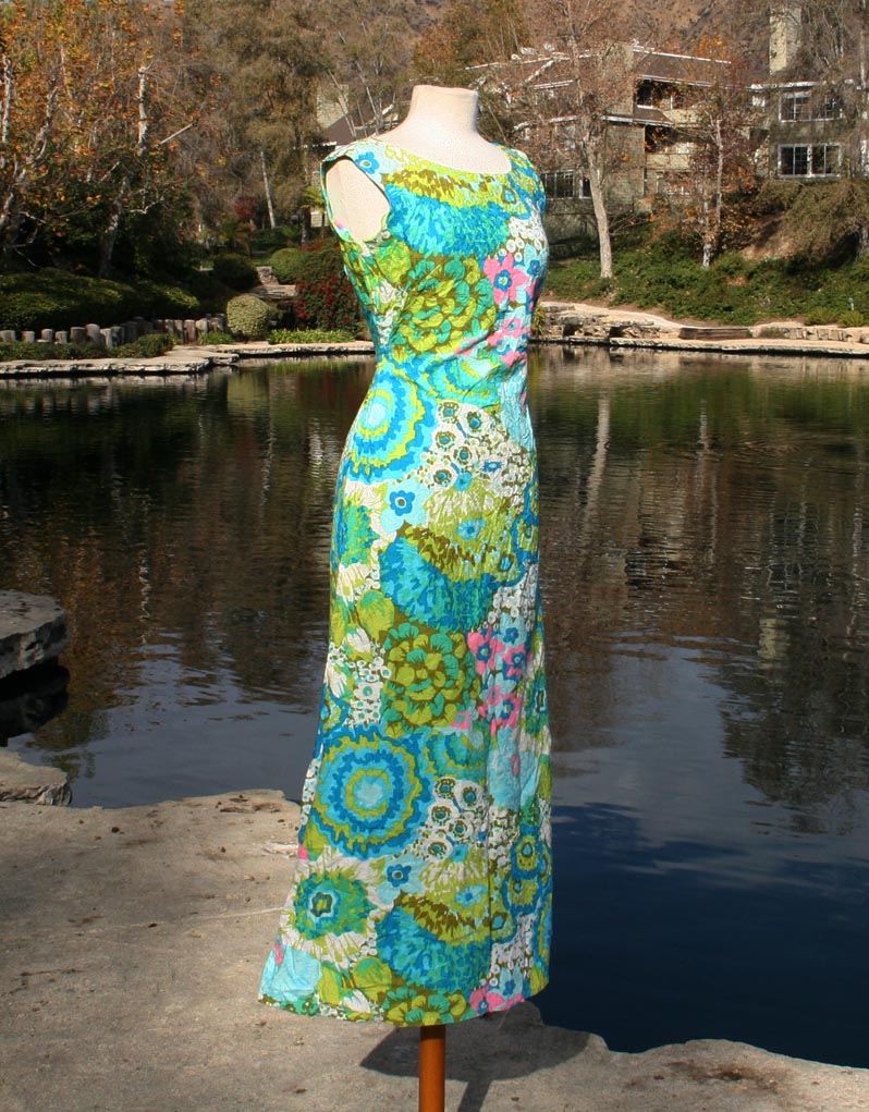 Green Blue Pink Flower Pattern Sleeveless Dress