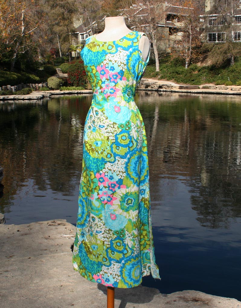 Green Blue Pink Flower Pattern Sleeveless Dress