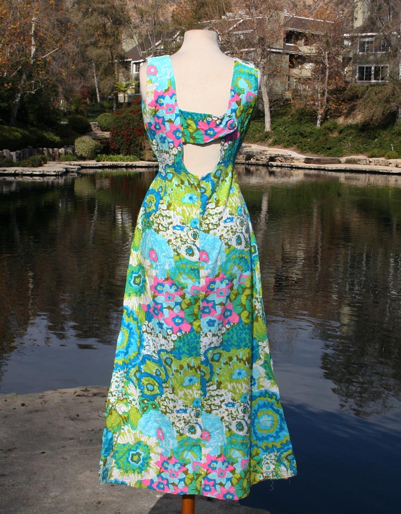 Green Blue Pink Flower Pattern Sleeveless Dress