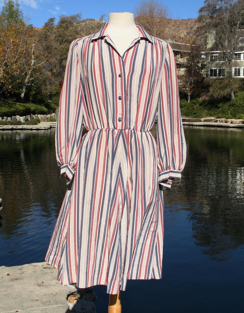 White Vertical Red Blue Red Stripped Collared Dress