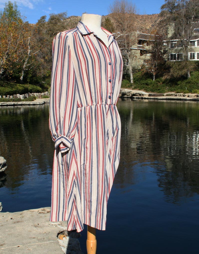 White Vertical Red Blue Red Stripped Collared Dress