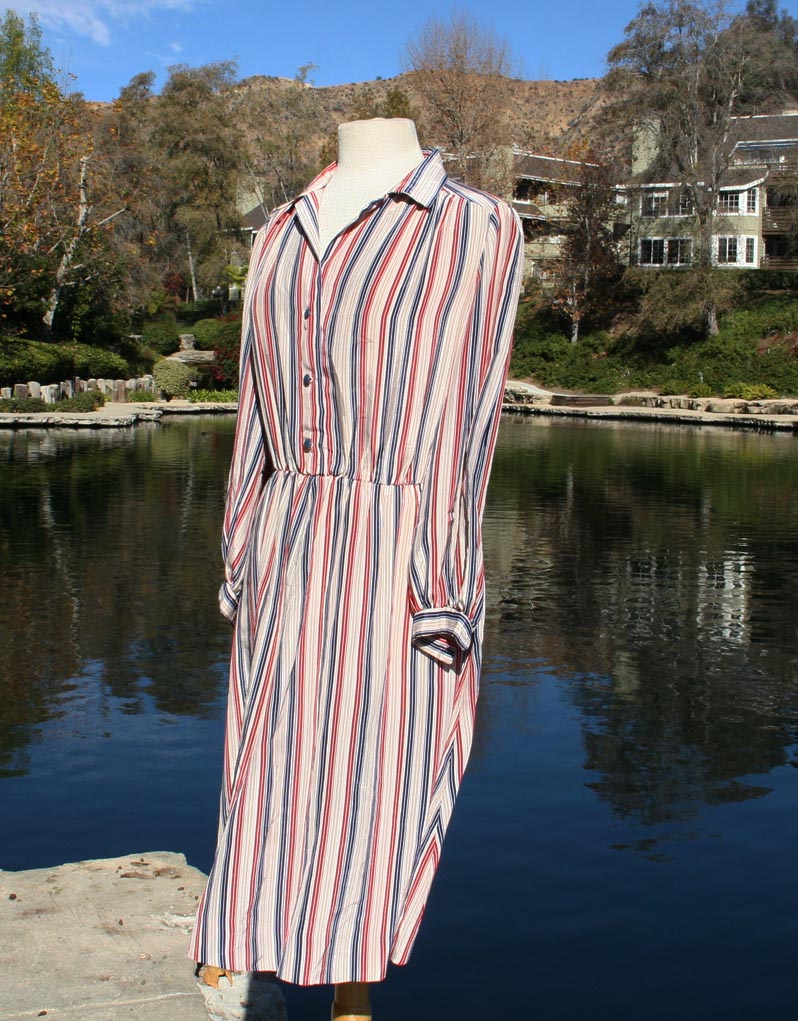 White Vertical Red Blue Red Stripped Collared Dress