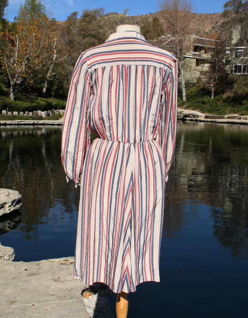 White Vertical Red Blue Red Stripped Collared Dress