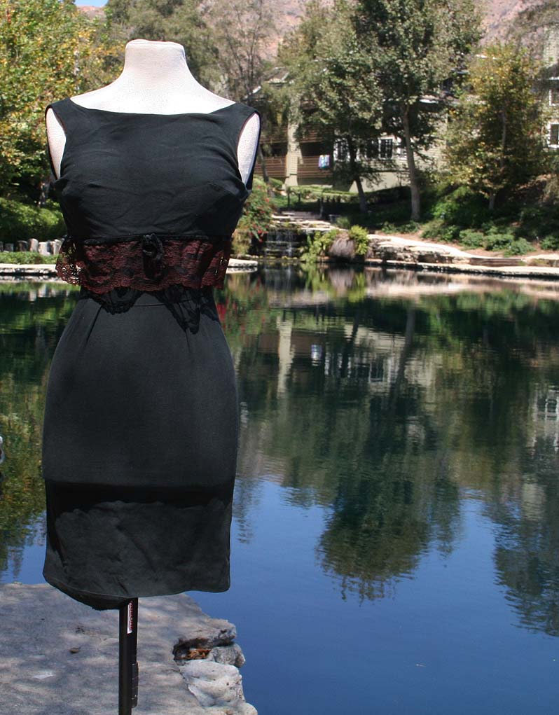 Black Knit Dress With Waist Lace Overlay
