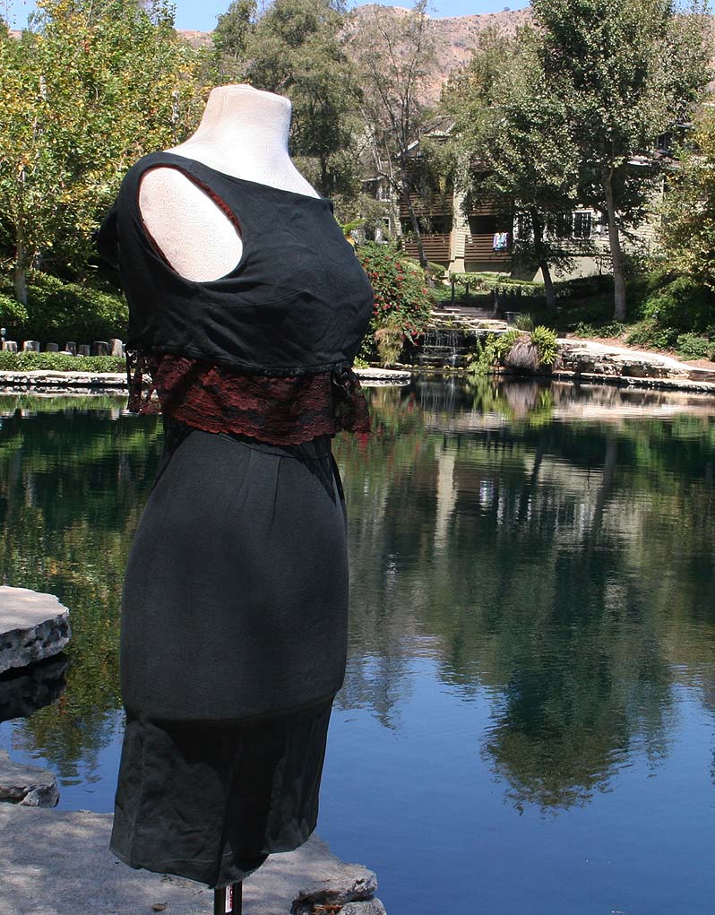 Black Knit Dress With Waist Lace Overlay
