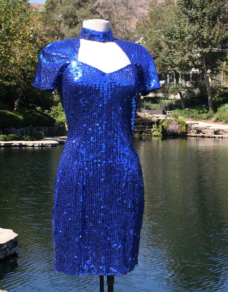 Blue Sequin With Choke Neck And Diamond Open Back