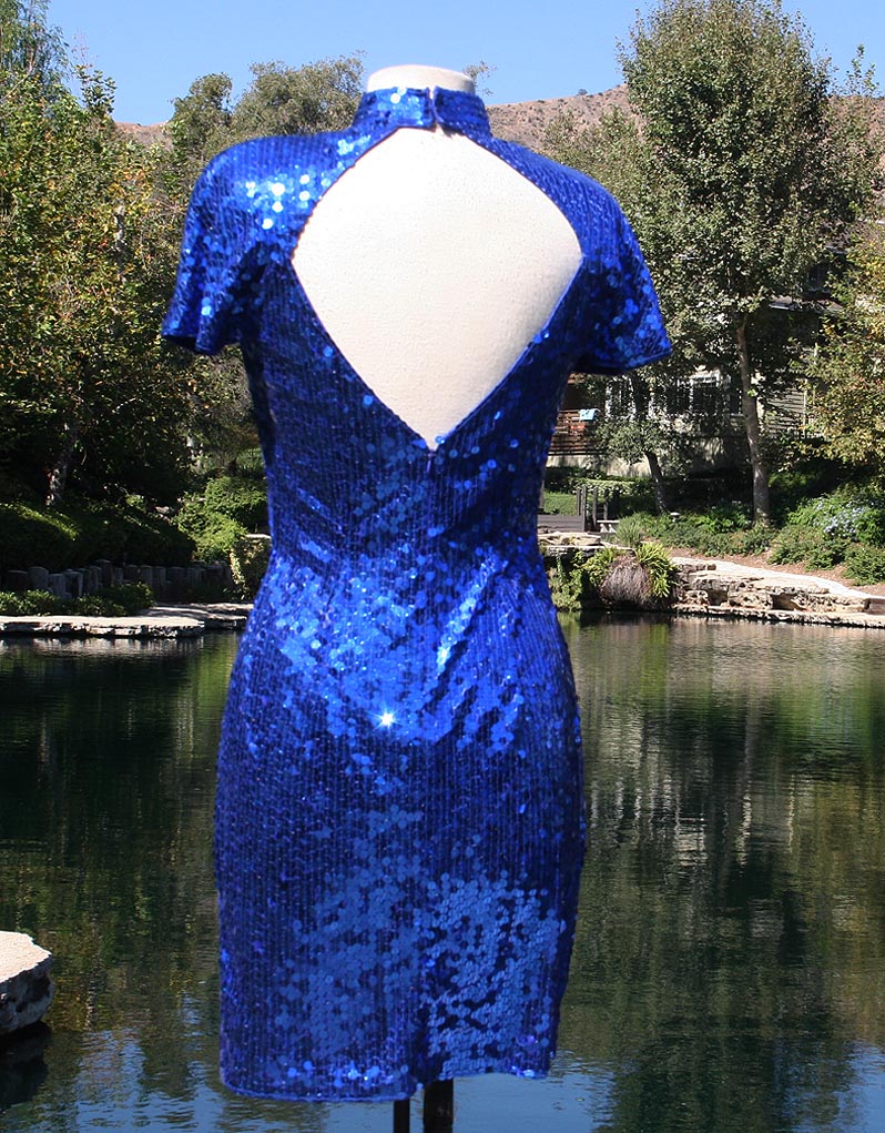 Blue Sequin With Choke Neck And Diamond Open Back