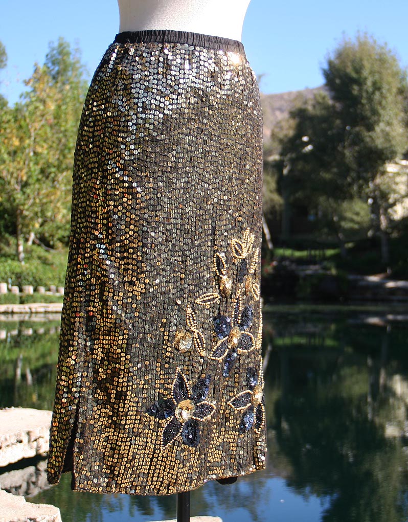 Gold & Black Sequin Flower Design Skirt