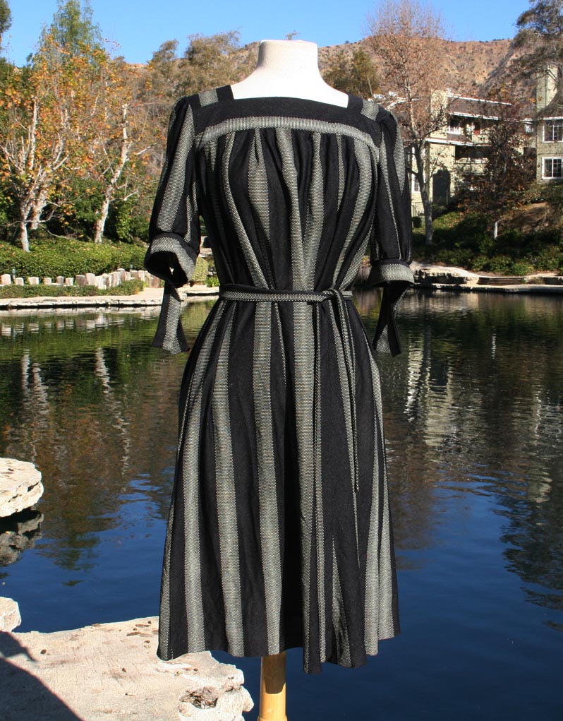 Black Gray Vertical Stripe With Matching Belt Dress