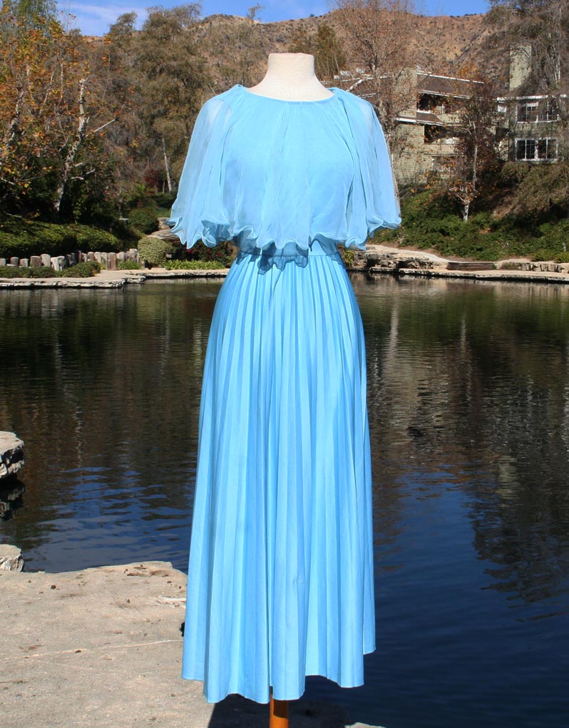 Blue Powder Sheer Top Cape Pleated Bottom Dress