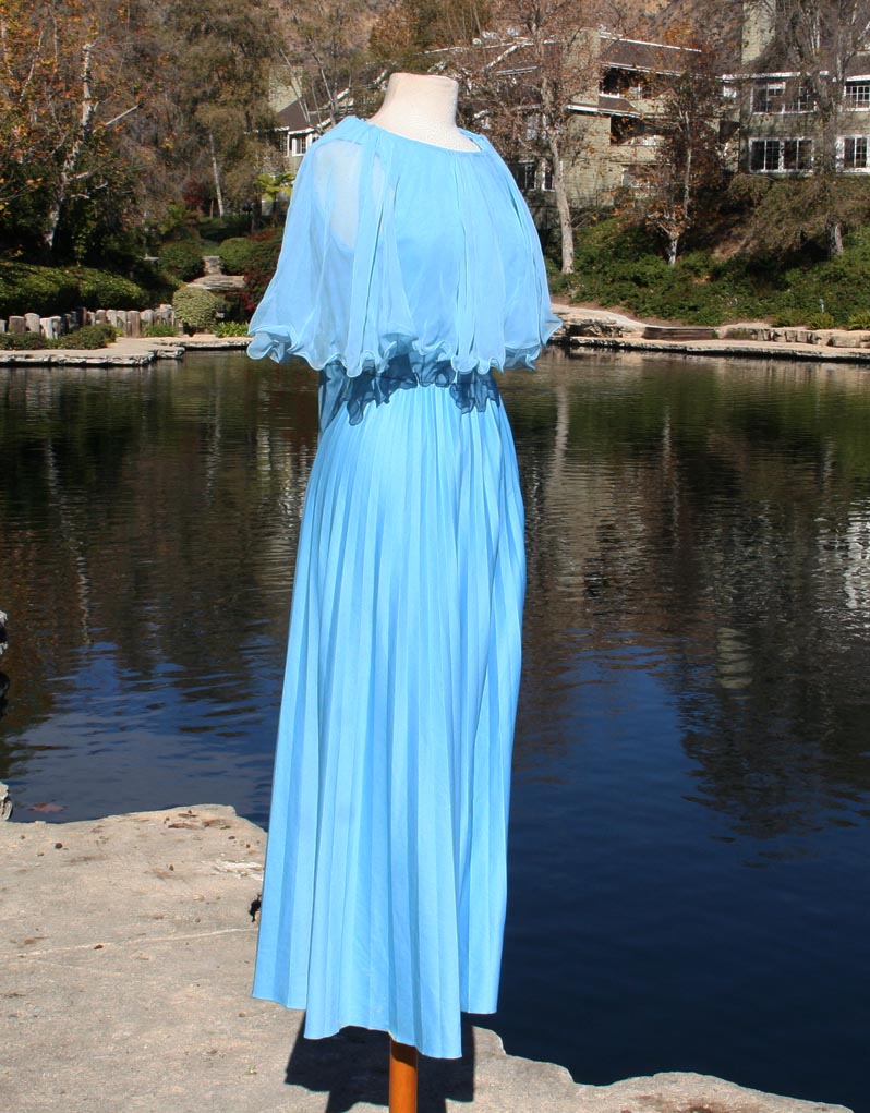 Blue Powder Sheer Top Cape Pleated Bottom Dress