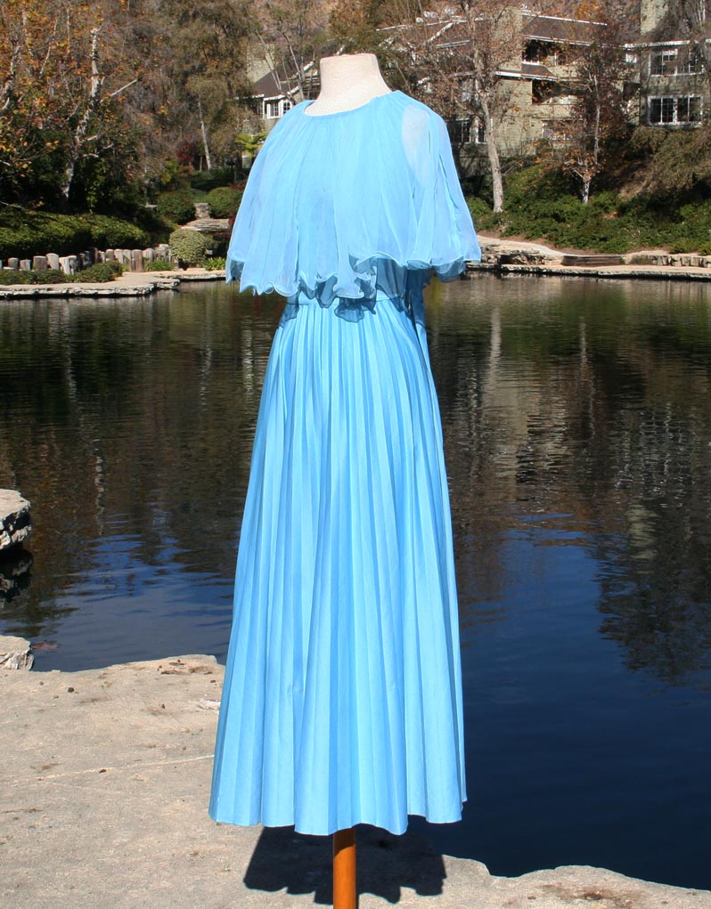 Blue Powder Sheer Top Cape Pleated Bottom Dress