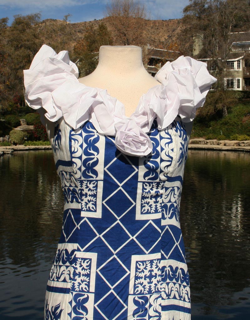 Blue White Sun Hawiian Pattern Sleeveless Ruffle Shoulders Dress