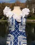 Blue White Sun Hawiian Pattern Sleeveless Ruffle Shoulders Dress