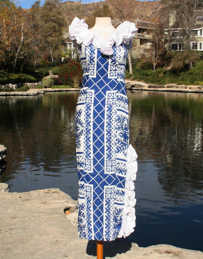 Blue White Sun Hawiian Pattern Sleeveless Ruffle Shoulders Dress