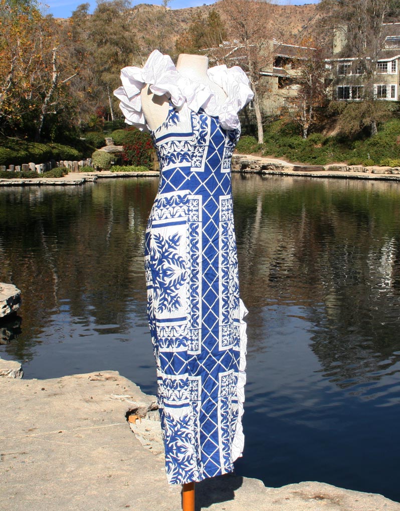 Blue White Sun Hawiian Pattern Sleeveless Ruffle Shoulders Dress