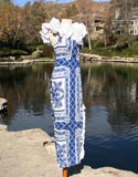 Blue White Sun Hawiian Pattern Sleeveless Ruffle Shoulders Dress