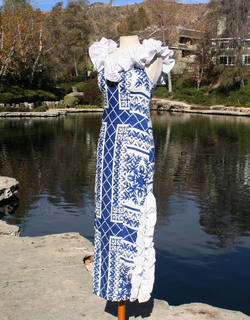 Blue White Sun Hawiian Pattern Sleeveless Ruffle Shoulders Dress