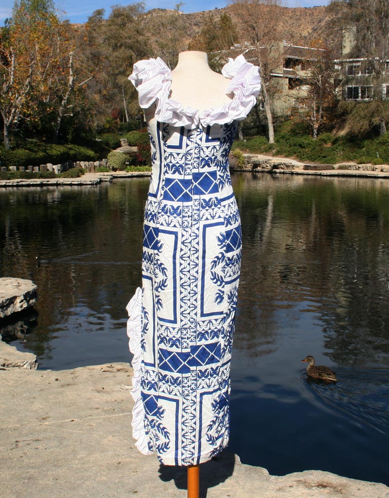 Blue White Sun Hawiian Pattern Sleeveless Ruffle Shoulders Dress
