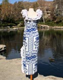 Blue White Sun Hawiian Pattern Sleeveless Ruffle Shoulders Dress